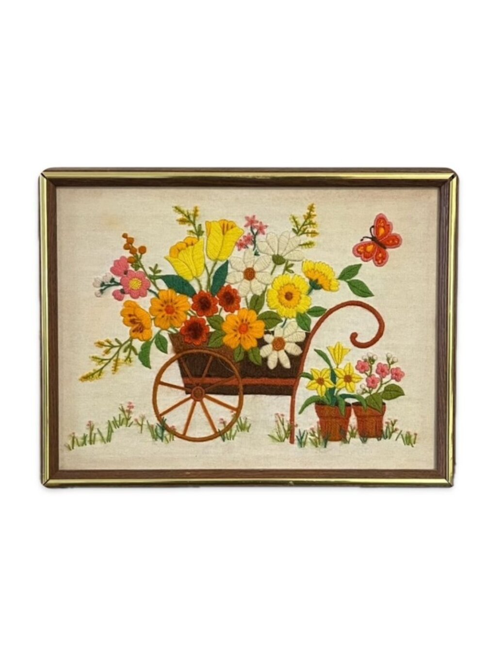 Vintage framed crewel flower wagon embroidery
